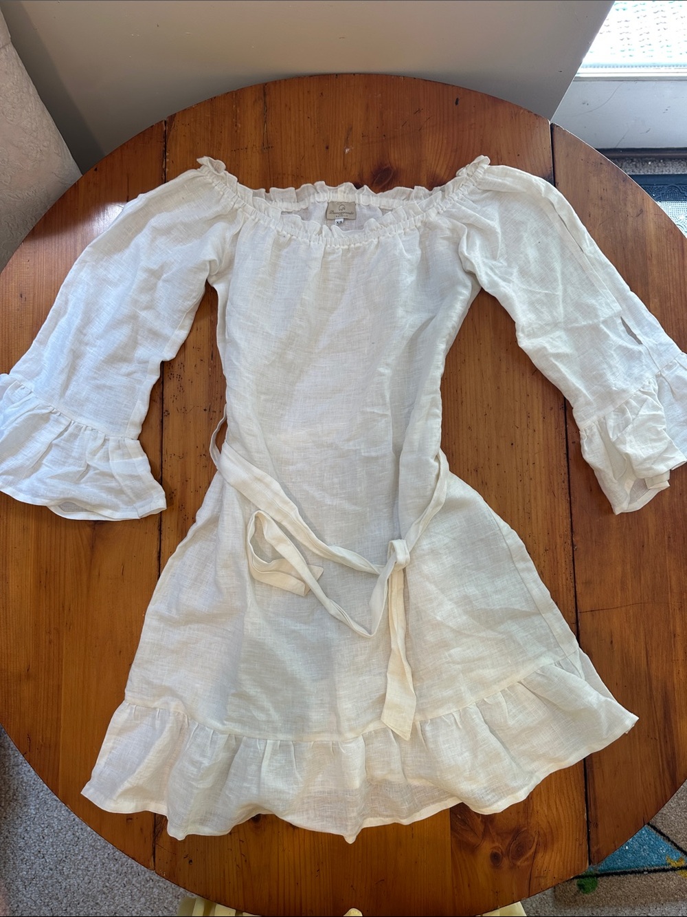 Off-Shoulder White Mini Linen Dress with Tie Waist